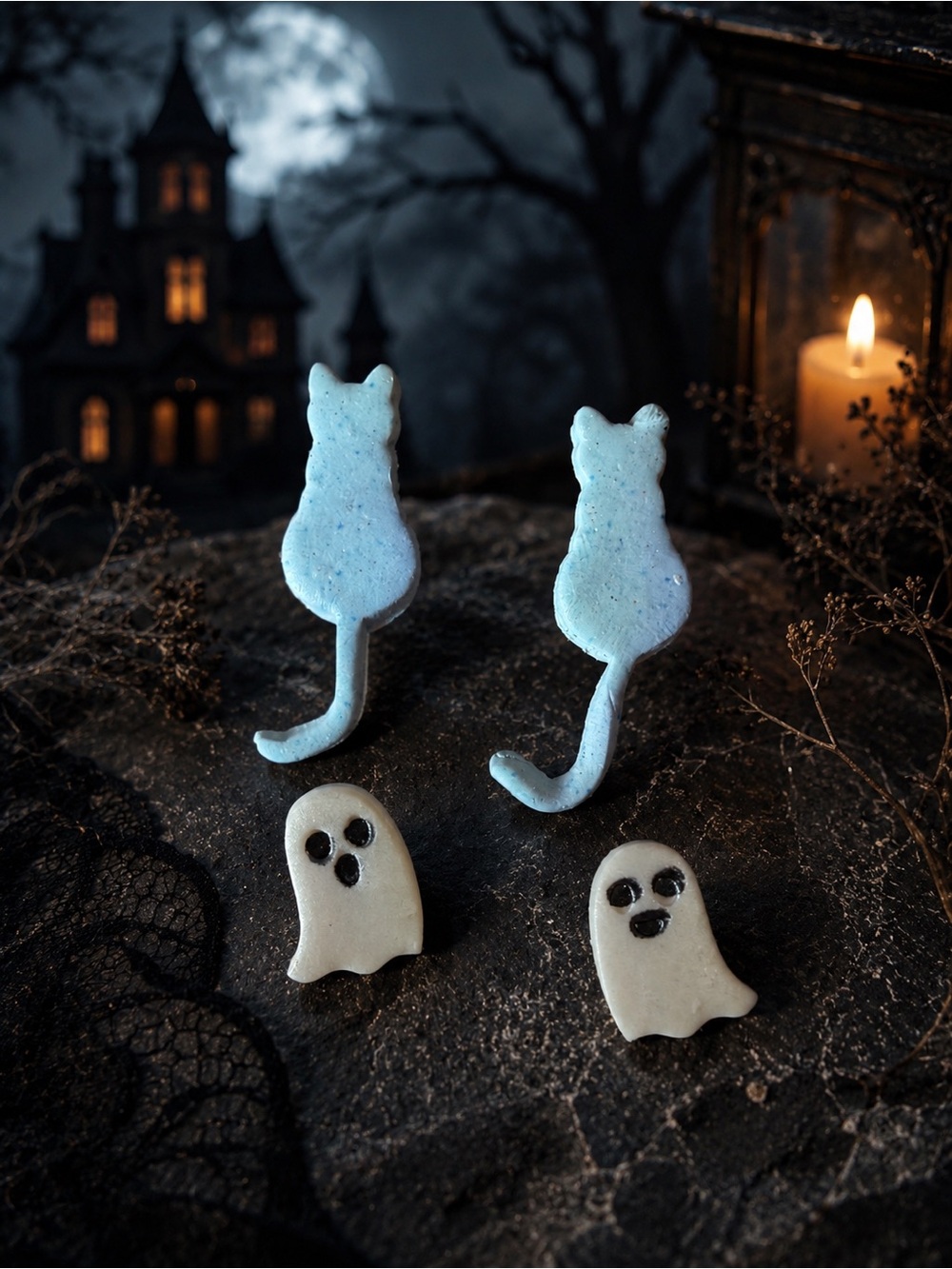 Halloween Cat & Ghost Handmade Polymer   Clay Earrings - Pale Blue Cats, Cream
